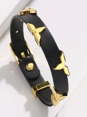 NEW Black Faux Leather Gold Tone Floral Studs Bracelet